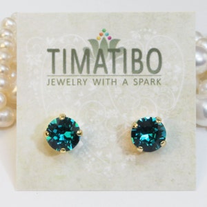 Teal Stud Earrings, Peacock Blue Wedding Jewelry, Teal Gold Prom Studs, Crystal Stud Earrings, Blue Zircon Earrings, Gemstone, 8mm GE1 image 3