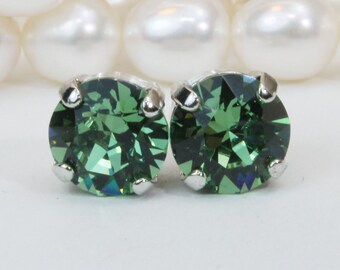 Bottle Green Stud Earrings Green Swarovski Crystal Studs Bottle Green Post Earrings 8mm Ivy Green Wedding,post earrings,Silver,Erinite,SE1