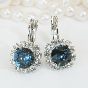 Navy Blue Crystal Earrings European Drop Bridal Earring Navy Wedding Something Blue,Navy bridesmaids Gift Clear Halo,Silver,Montana,SE96