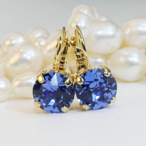 Royal Blue Gold Earrings Drop Crystal Sapphire Blue Single stone Earrings European Bridesmaid Royal Blue Wedding Gold finish,Sapphire,GE2