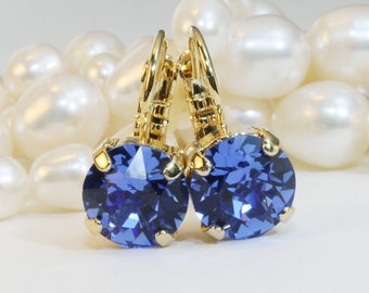 Royal Blue Gold Earrings Drop Crystal Sapphire Blue Single stone Earrings European Bridesmaid Royal Blue Wedding Gold finish,Sapphire,GE2