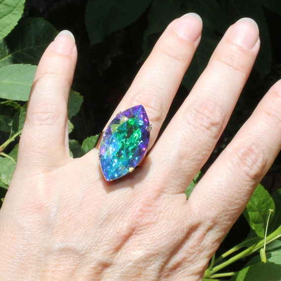Aurora Borealis Ring, AB Crystal Ring, Rainbow Long Ring, Marquise Cut Ring, Cocktail Ring Adjustable, Northern Lights Jewelry, Gift, GR82