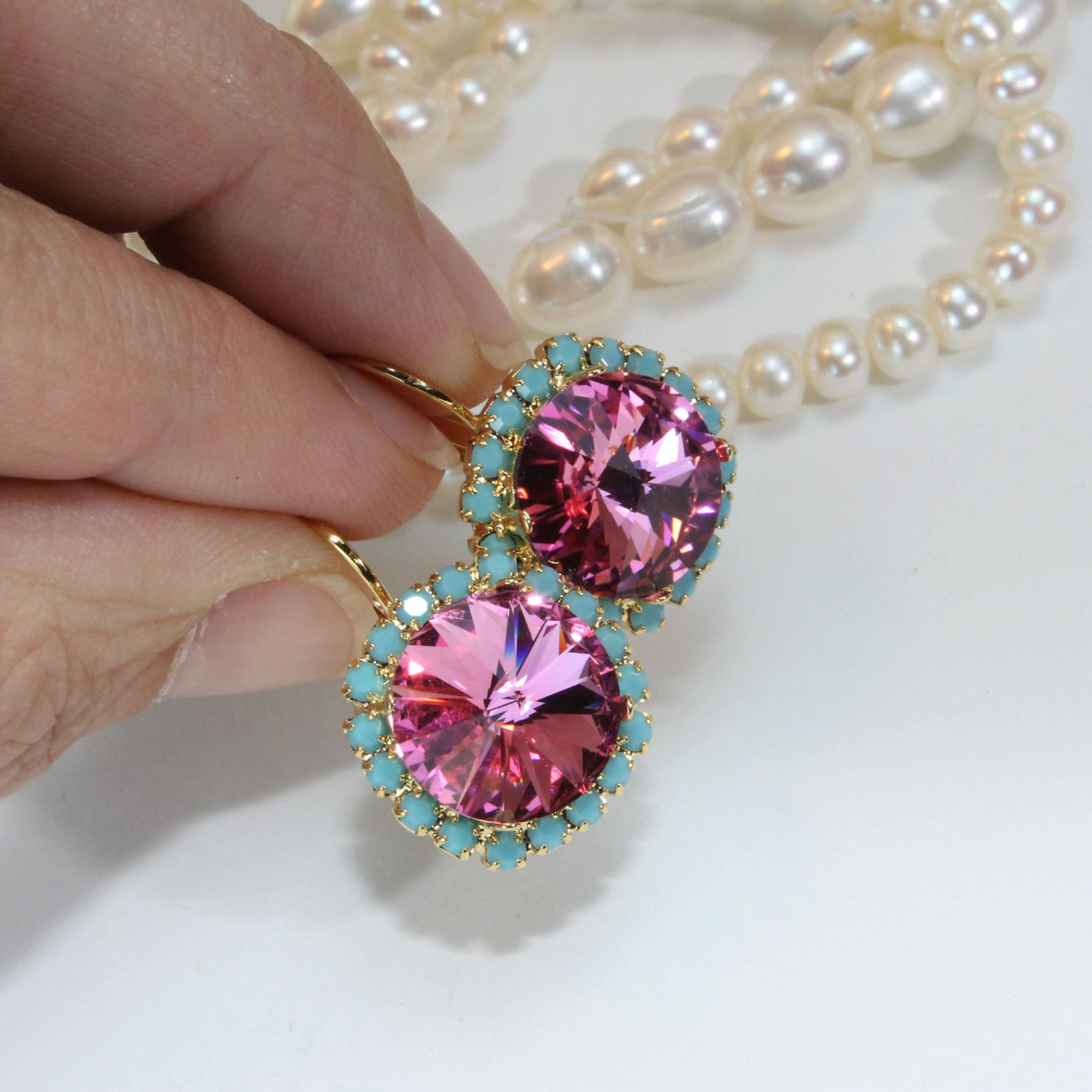 Turquoise Pink Drop Earrings Aqua Pink European Crystal Bridal Earrings ...