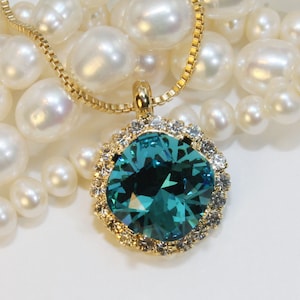 Peacock Green Necklace Bridal Teal Pendant European Crystal Cushion Square Cut Peacock Wedding Jewelry Bridesmaids Set,Gold,Indicolite,GN82