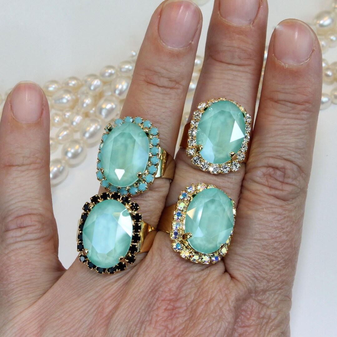 Mint European Crystal Ring,mint Green Seafoam Adjustable Bridal Ring