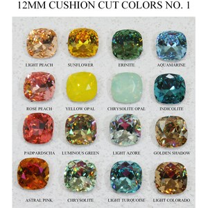 May include: A chart of 12mm cushion cut Swarovski crystals in various colours, including Light Peach, Sunflower, Erinite, Aquamarine, Rose Peach, Yellow Opal, Chrysolite Opal, Indicolite, Padparadscha, Luminous Green, Light Azore, Golden Shadow, Astral Pink, Chrysolite, Light Turquoise, and Light Colorado.