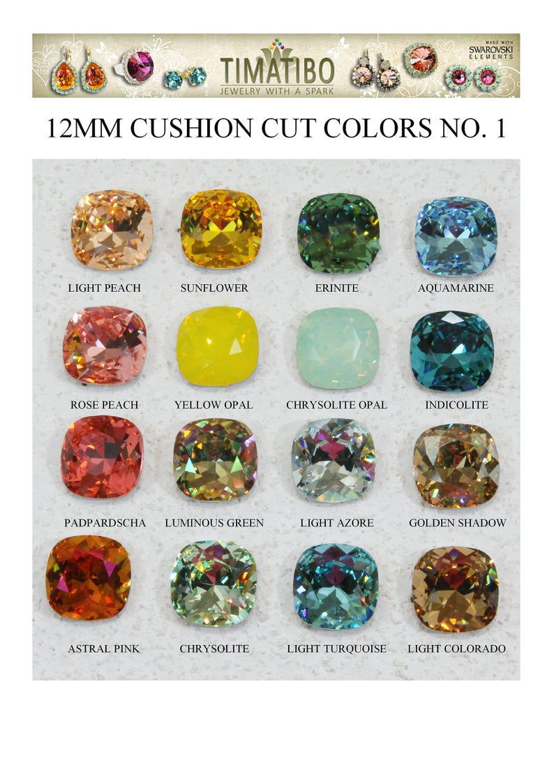 May include: A chart of 12mm cushion cut Swarovski crystals in various colours, including Light Peach, Sunflower, Erinite, Aquamarine, Rose Peach, Yellow Opal, Chrysolite Opal, Indicolite, Padparadscha, Luminous Green, Light Azore, Golden Shadow, Astral Pink, Chrysolite, Light Turquoise, and Light Colorado.