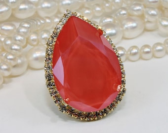 Coral Ring Coral Statement Ring Bridal Crystal European Cocktail Oversize Opal Ring Teardrop Adjustable Coral Wedding,Gold,Light Coral,GR64
