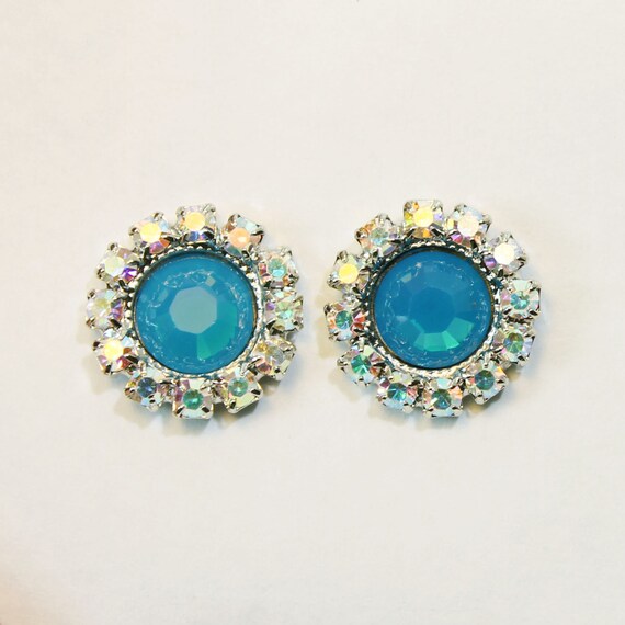 Petrol Blue Teal Opal Crystal Stud Earrings Halo Flat Post Wedding Jewelry