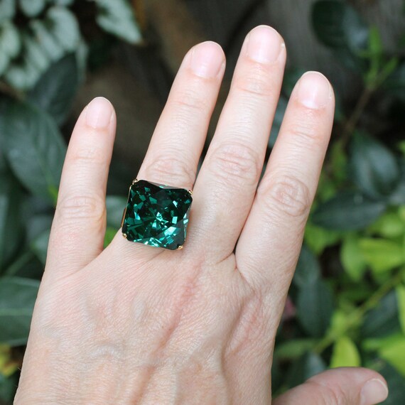 Emerald Jewelry Green Ring Swarovski Crystal Cocktail Big Etsy