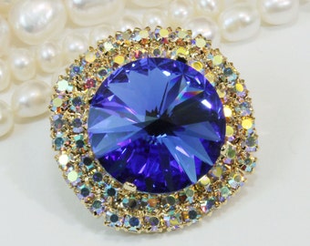 Royal Blue Crystal Brooch Sapphire Blue European Brooch Pin AB Sapphire Blue 18mm Cobalt Lapel pin Rhinestone Brooch,Gold ,Sapphire,GA6