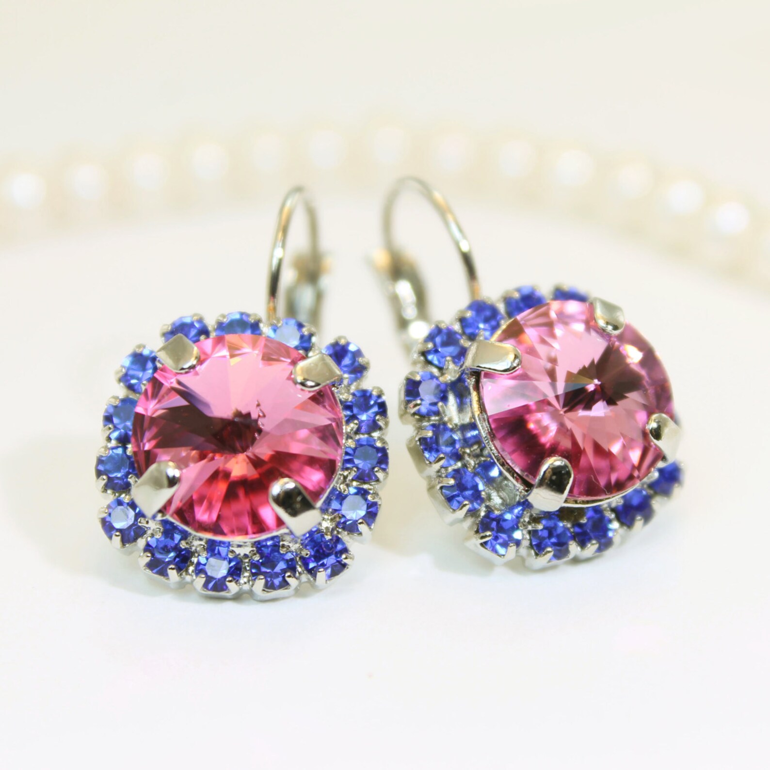 Blue Pink Earrings Royal Blue Pink Earrings European Crystals Etsy