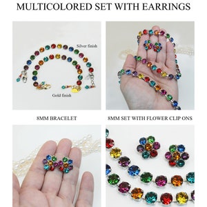 Puede incluir: Un conjunto de joyas de cristal arco&iacute;ris con un brazalete, pendientes y un collar. Las joyas est&aacute;n hechas con elementos de Swarovski y est&aacute;n disponibles en acabados dorado y plateado.