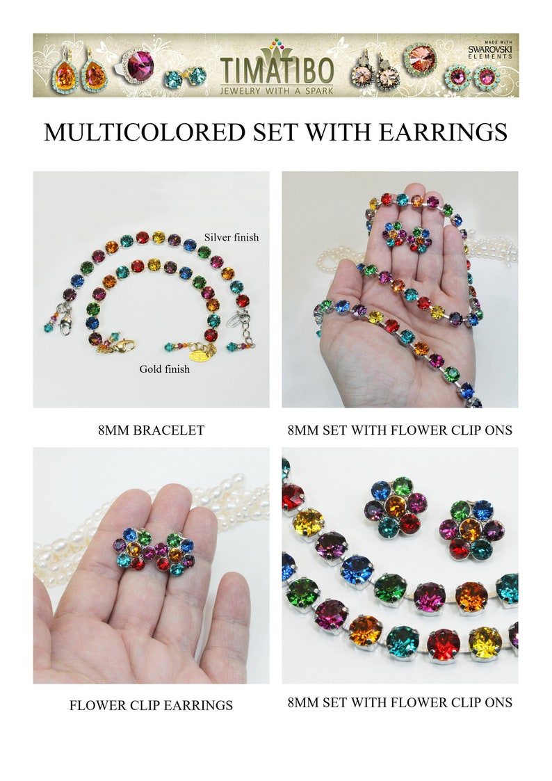 Puede incluir: Un conjunto de joyas de cristal arco&iacute;ris con un brazalete, pendientes y un collar. Las joyas est&aacute;n hechas con elementos de Swarovski y est&aacute;n disponibles en acabados dorado y plateado.