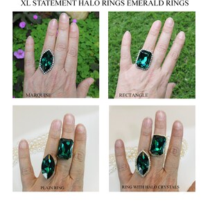 May include: Four emerald green statement rings with crystal halo accents. The rings are shown on a hand wearing each ring. The rings are labeled "Marquise", "Rectangle", "Plain Ring", and "Ring with Halo Crystals".