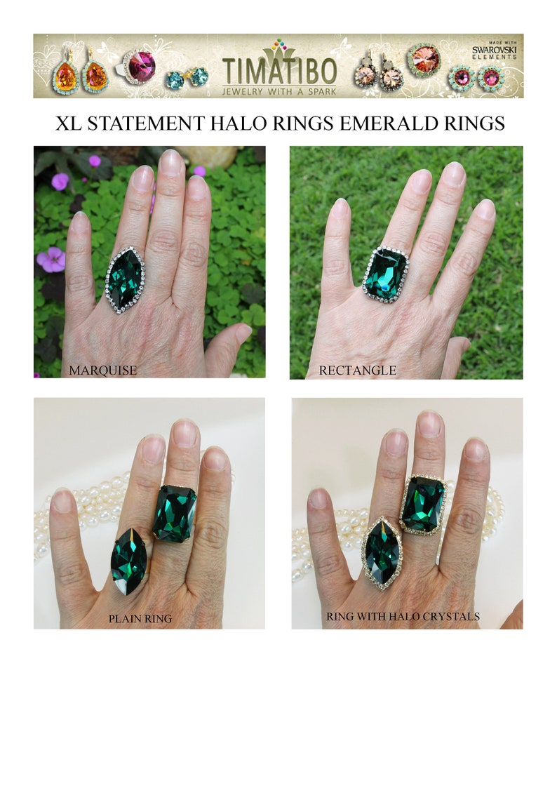 May include: Four emerald green statement rings with crystal halo accents. The rings are shown on a hand wearing each ring. The rings are labeled "Marquise", "Rectangle", "Plain Ring", and "Ring with Halo Crystals".