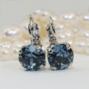 May include: A pair of silver dangle earrings with dark blue crystal stones. The earrings have a simple design and are perfect for everyday wear.