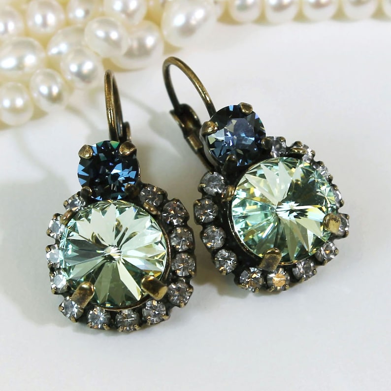 Navy Mint Earrings Swarovski Crystal Mint Blue Drop Earrings Etsy
