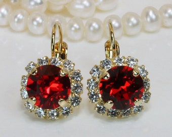 Red Earrings Dangle Bridesmaids Red drop Earrings Christmas Bridal Ruby Red European Crystal Red Wedding Clear Halo,Gold,Light Siam,GE96
