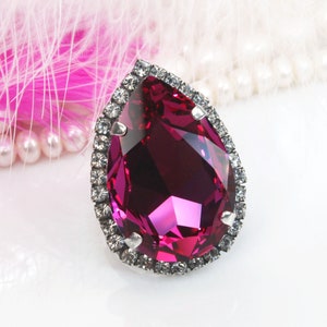 Pink Fuchsia Ring Pink Crystal Teardrop Cocktail Statement Ring Valentines Gift Magenta Wedding Jewelry Bridal,Antique Silver,Fuchsia,SOR64