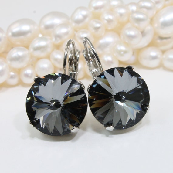 Gray Crystal Earrings Dark Grey Black Earrings Charcoal Large Crystal drop earrings Gray 14mm European, Silver Night,Silver finish,SE106