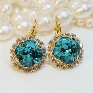 Peacock Drop Earrings Teal Bridal European Crystal 10mm Cushion Cut Blue Green Peacock Wedding Bridesmaids Jewelry ,Gold,Indicolite,GE114