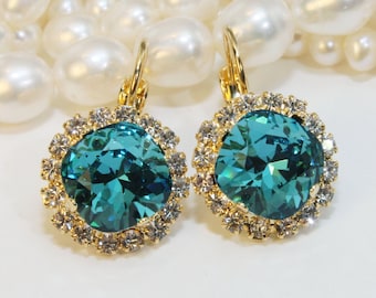 Peacock Drop Earrings Teal Bridal European Crystal 10mm Cushion Cut Blue Green Peacock Wedding Bridesmaids Jewelry ,Gold,Indicolite,GE114