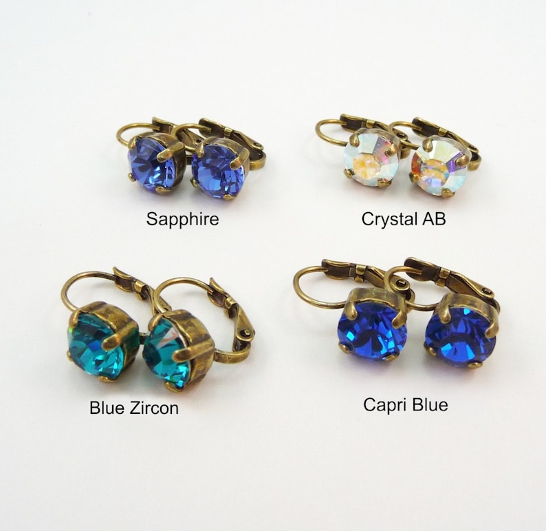 Royal Blue Earrings Gold Cobalt Blue European Crystal Electric Blue 8mm single stone Drop Earrings Rhinestones,Gold finish,Capri Blue,GE2 image 5