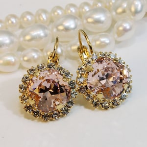 Blush Pink Earrings Blush Pink Drop European Crystal Square Gold Blush Pink Square Blush Wedding Bridesmaids Gift,Gold,Vintage Rose,GE114