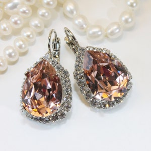 Blush Earrings Morganite Pink Bridal Blush Pink European Crystal Clear Halo Drop Earrings Teardrop Blush Wedding ,Silver,Vintage Rose,SE101
