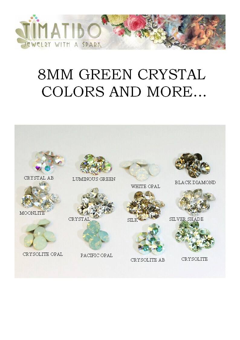 May include: Assortment of 8mm green crystal beads in various colors, including Crystal AB, Luminous Green, White Opal, Black Diamond, Moonlite, Crystal, Silk, Silver Shade, Chrysolite Opal, Pacific Opal, Chrysolite AB, and Chrysolite.