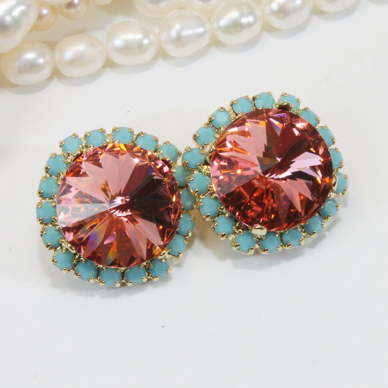 Coral Aqua Clip Earrings Turquoise Clip Earrings Peach Pink - Etsy Israel
