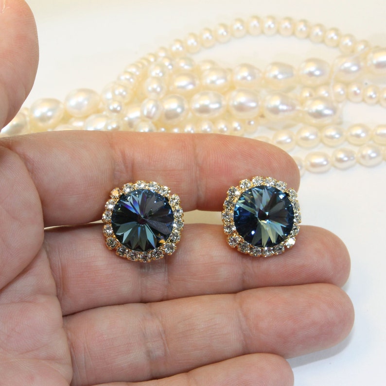 Navy Clip On Earrings Gold Navy Blue Swarovski Crystal Clip On Etsy