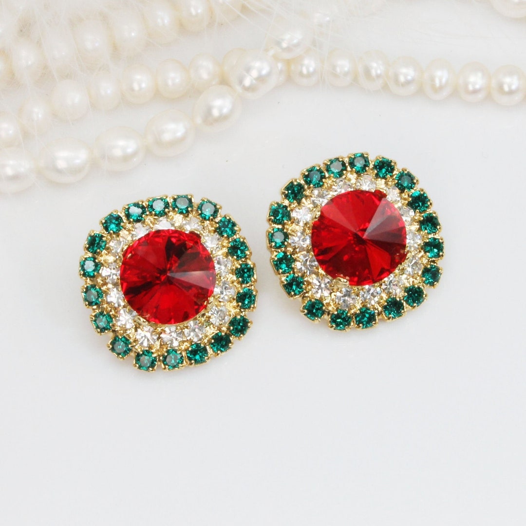 Christmas Clip on Earrings Red Green Emerald Xmas Clipon Earrings