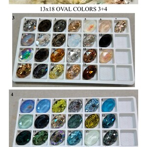 May include: Two white plastic sorting trays containing 13x18 oval-shaped crystals in various colors. The top tray displays neutral and earth tones, while the bottom tray features blue, green, and yellow hues. Each crystal is numbered for identification.