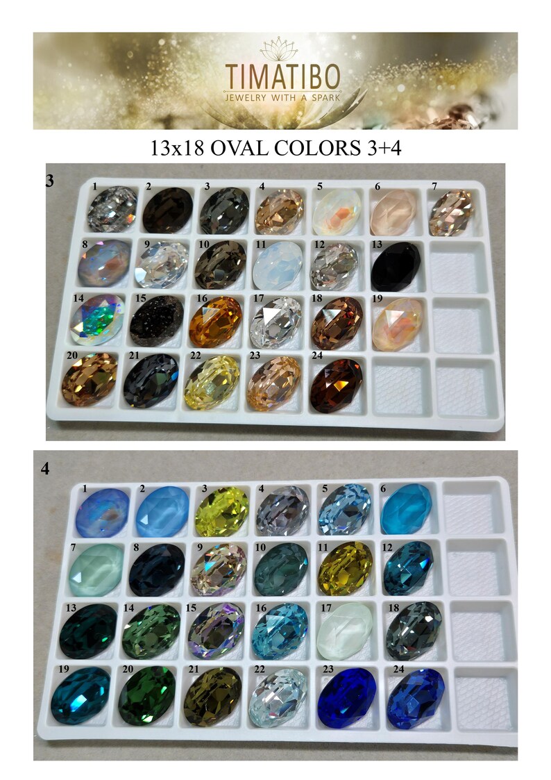 May include: Two white plastic sorting trays containing 13x18 oval-shaped crystals in various colors. The top tray displays neutral and earth tones, while the bottom tray features blue, green, and yellow hues. Each crystal is numbered for identification.