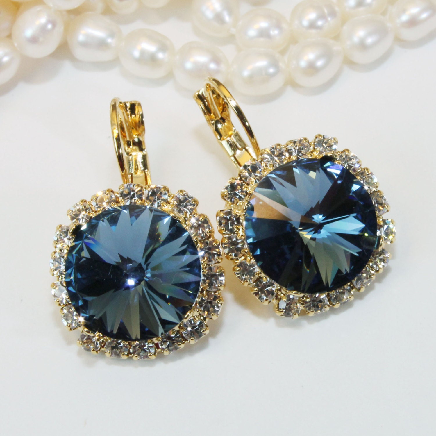 Navy Crystal Earrings Navy Gold Drop Earring Navy Swarovski Etsy