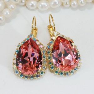 Coral Crystal Teardrop Earrings Peach Pink Bridal European Drop AB Halo Estate Coral Bridesmaids Gift Coral Wedding,Gold,Rose Peach,GE101