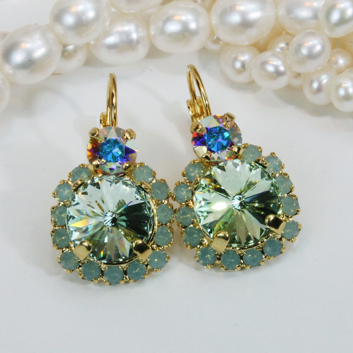 Mint Drop Earrings Mint Swarovski Crystal Gold Earrings Mint Etsy