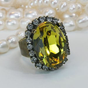 Lime Ring Lime Cocktail Ring Lime Green European Crystal Ring Lime Wedding Lime Adjustable Ring Clear Halo Oval rhinestones,Brass,Lime,BR39