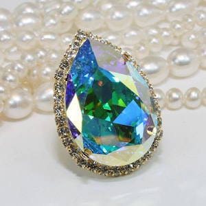 AB Crystal Ring Rainbow European Statement Cocktail Bridal Oversize Ring Teardrop Adjustable Aurora Borealis Wedding Jewelry,Gold,Ab,GR64