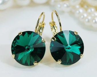 Emerald Earrings Green European Crystal Drop Gold Earrings,Emerald Bridesmaids,Emerald wedding Jewelry Dark Green,14mm,Gold,Emerald,GE106