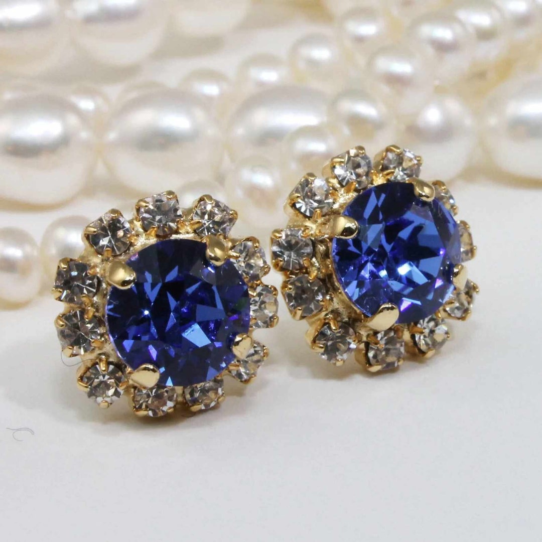 Sapphire Blue Stud Earrings Bridal Royal Blue European Crystal Cobalt ...