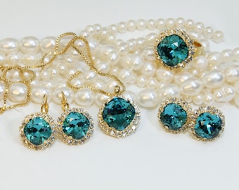 Teal Jewelry Set, Peacock Teal Bridal Jewelry, Wedding Jewelry Set, Teal Crystal Necklace, Bridesmaid Earrings, Maid Of Honor Gift, GN82