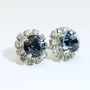 Navy Blue Stud Earrings Navy European Crystal Studs Navy Studs Post Navy Wedding Navy Bridesmaids Gift Clear Halo,Silver,Denim Blue, SE95
