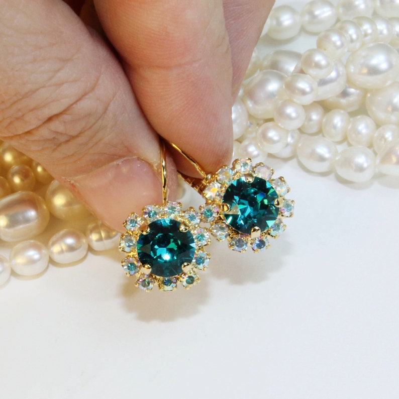 Teal Earrings Teal Gold Earrings Teal Crystal Drop Earrings Etsy