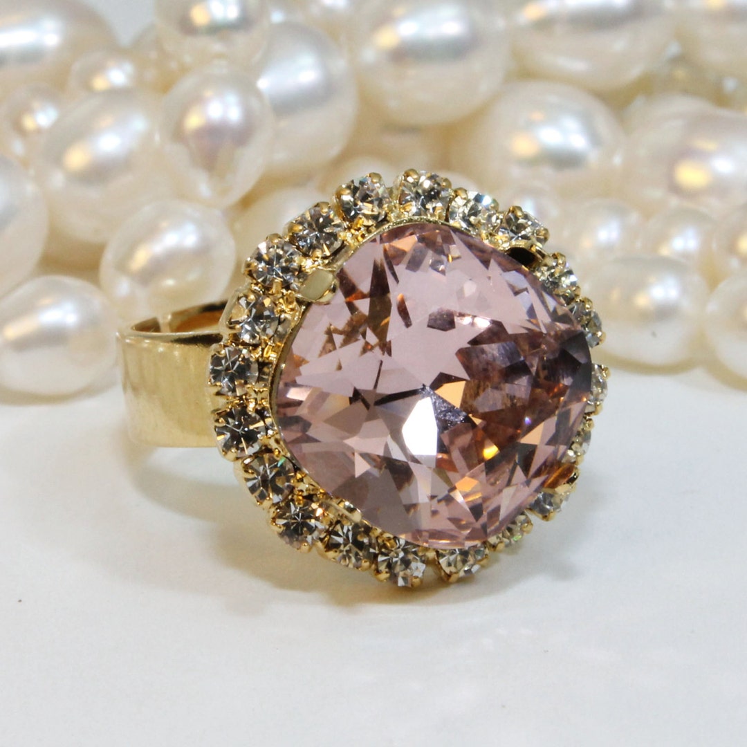 Blush Pink Wedding Ring, Bridal Crystal Ring, Engagement Ring, Cushion ...