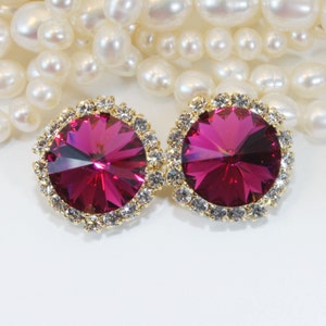 Fuchsia Pink Clip On Earrings Magenta Gold Clear European Crystal Clip Fuchsia Wedding 14mm Halo Rhinestones Gold finish,Fuchsia,GE110