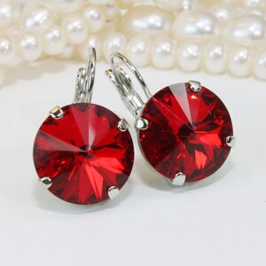 May include: A pair of silver earrings with red crystal stones. The earrings have a lever back closure.