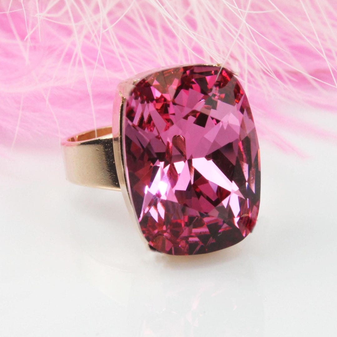 Pink Cocktail Ring for Women, Large Rose Crystal Ring, Adjustable Pink ...